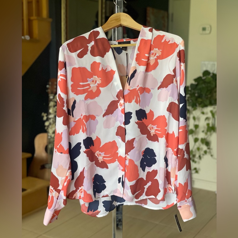 Nordstrom Halogen Floral Blouse - Coral, Navy, White